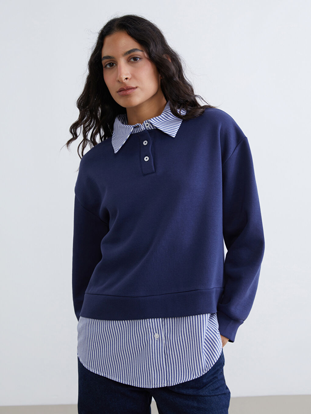 Lacivert Gömlek Yaka Çizgili Kadın Kalın Sweatshirt Tunik