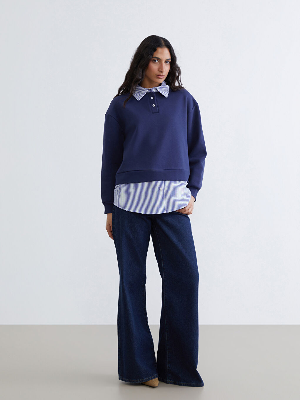 Lacivert Gömlek Yaka Çizgili Kadın Kalın Sweatshirt Tunik-1