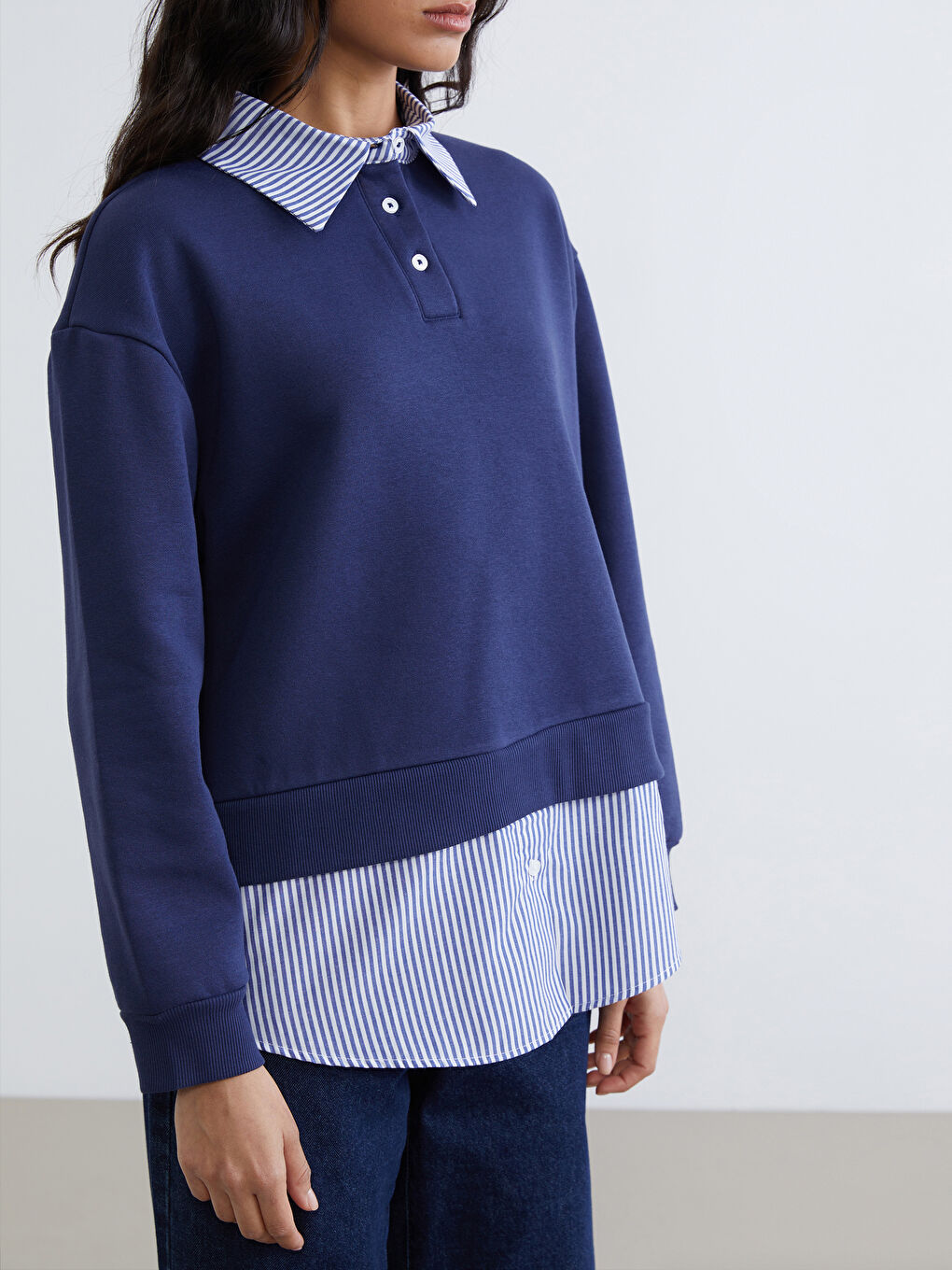 Lacivert Gömlek Yaka Çizgili Kadın Kalın Sweatshirt Tunik-2