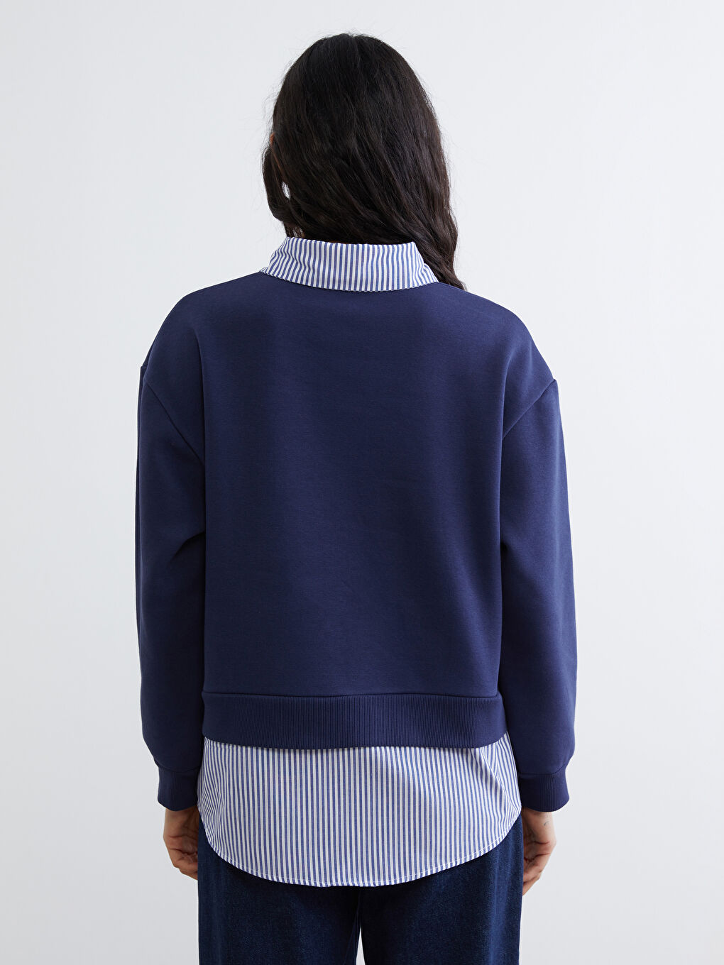 Lacivert Gömlek Yaka Çizgili Kadın Kalın Sweatshirt Tunik-3