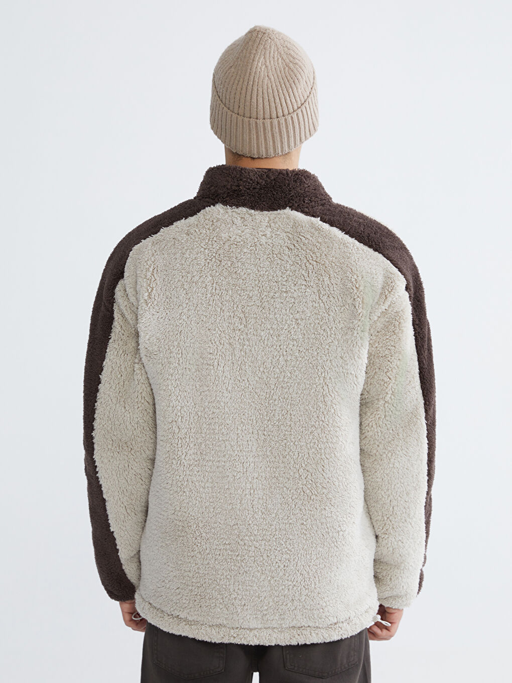 Bej Dik Yaka Pelüş Erkek Fermuarlı Sweatshirt-4