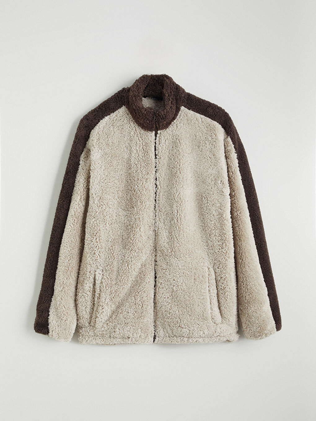 Bej Dik Yaka Pelüş Erkek Fermuarlı Sweatshirt-5