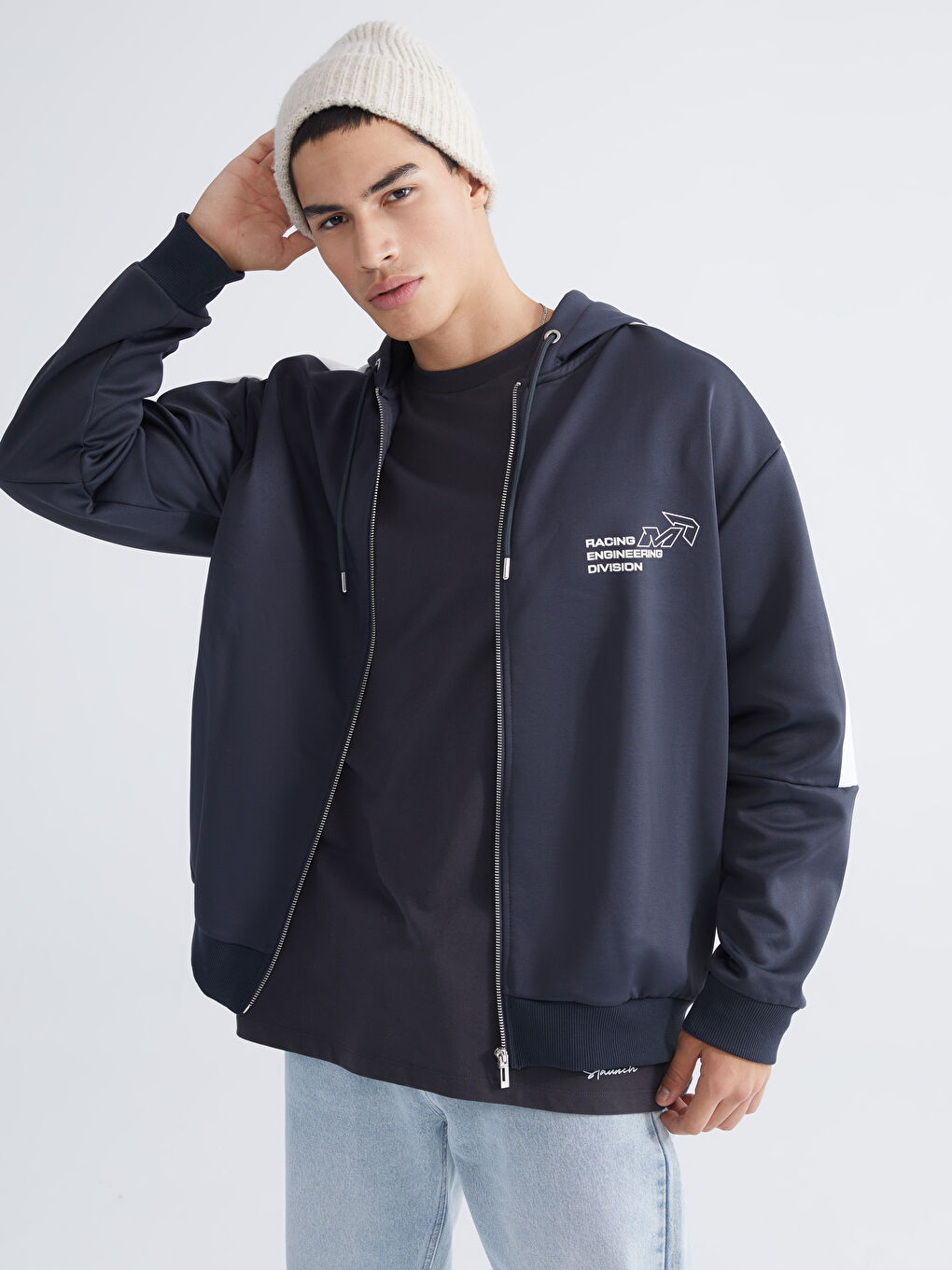 Antrasit Kapüşonlu Uzun Kollu Erkek Fermuarlı Sweatshirt