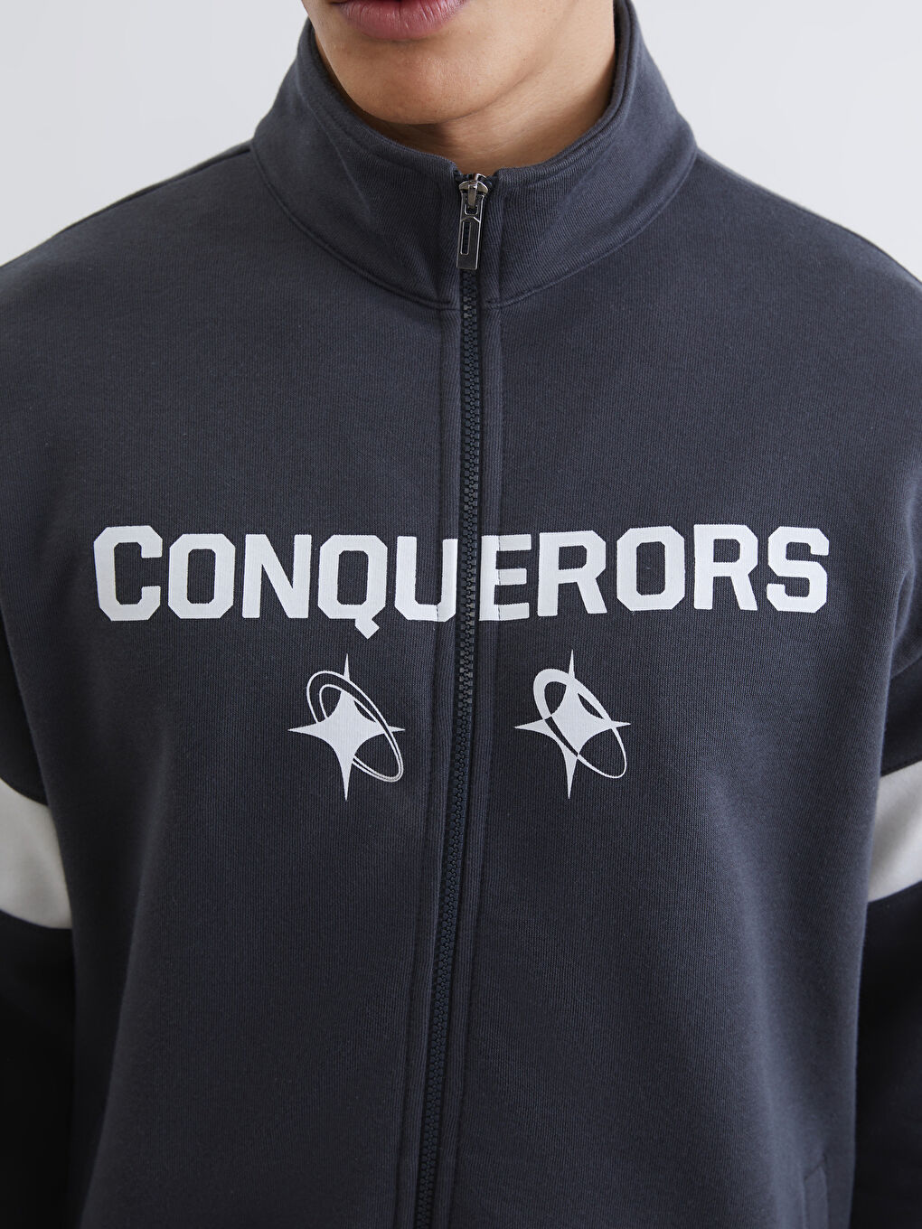 Antrasit Rahat Kalıp Dik Yaka Erkek Fermuarlı Sweatshirt-2