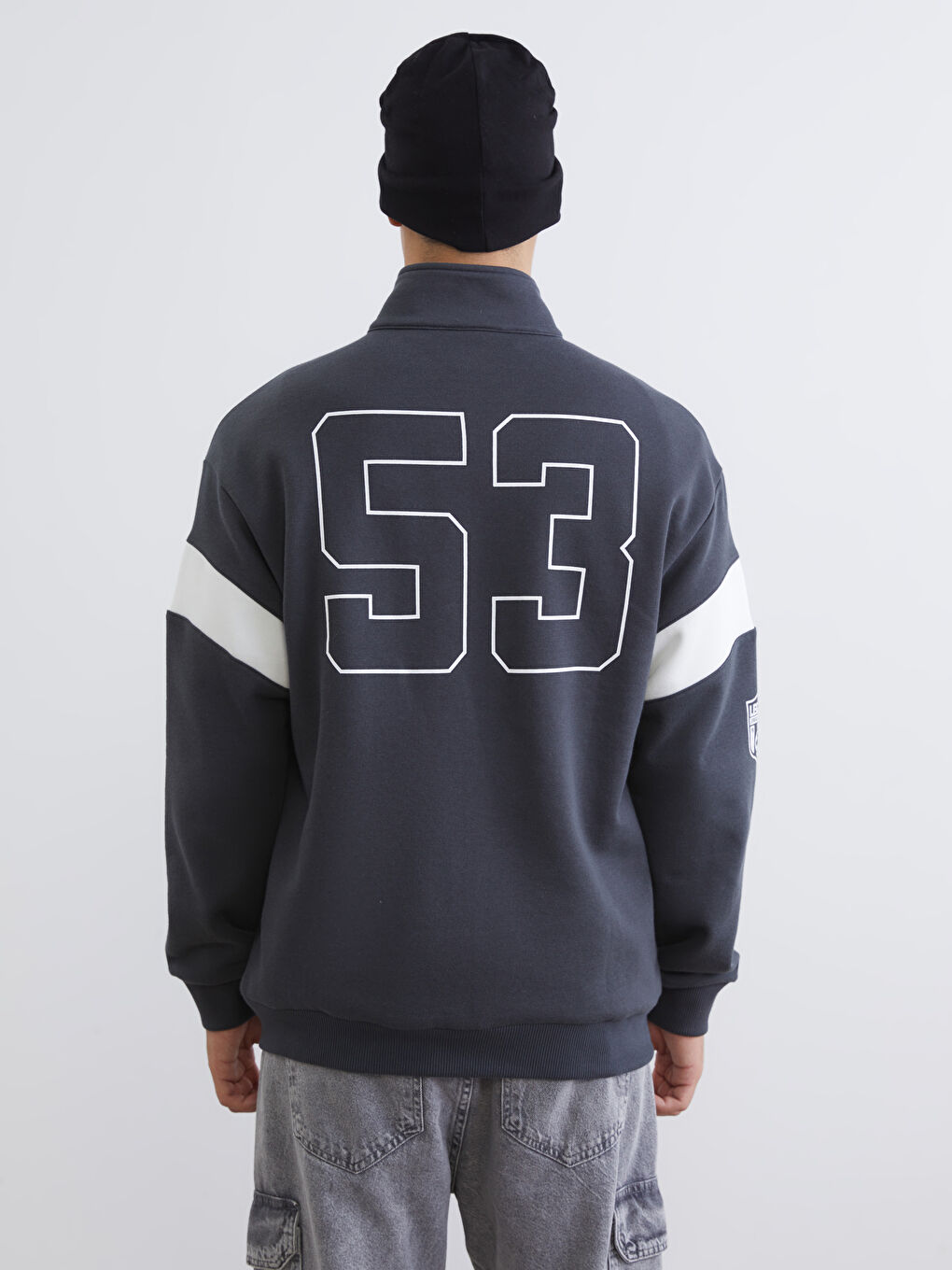 Antrasit Rahat Kalıp Dik Yaka Erkek Fermuarlı Sweatshirt-3