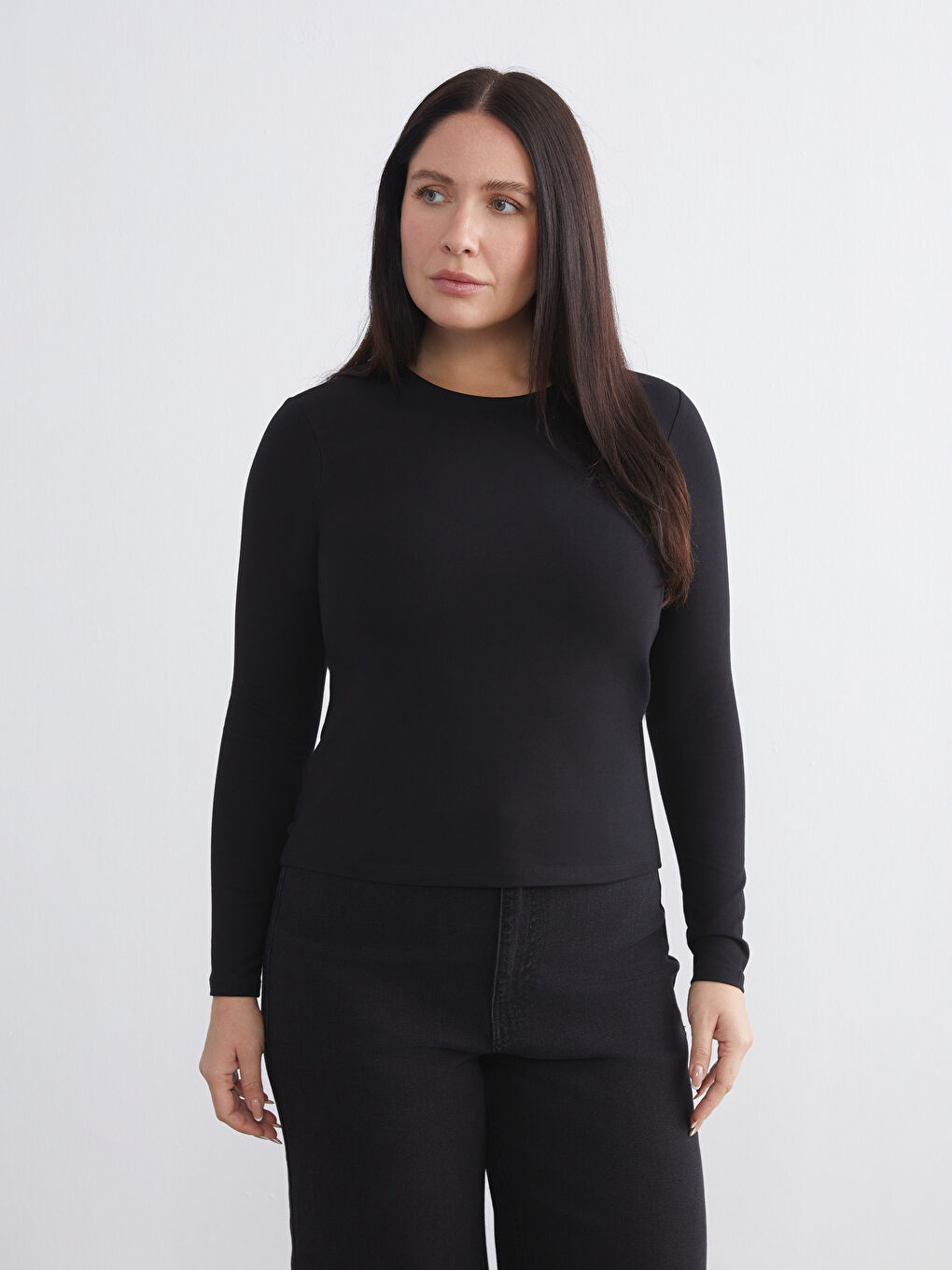 Siyah Büyük Beden Bisiklet Yaka Kadın Body-1