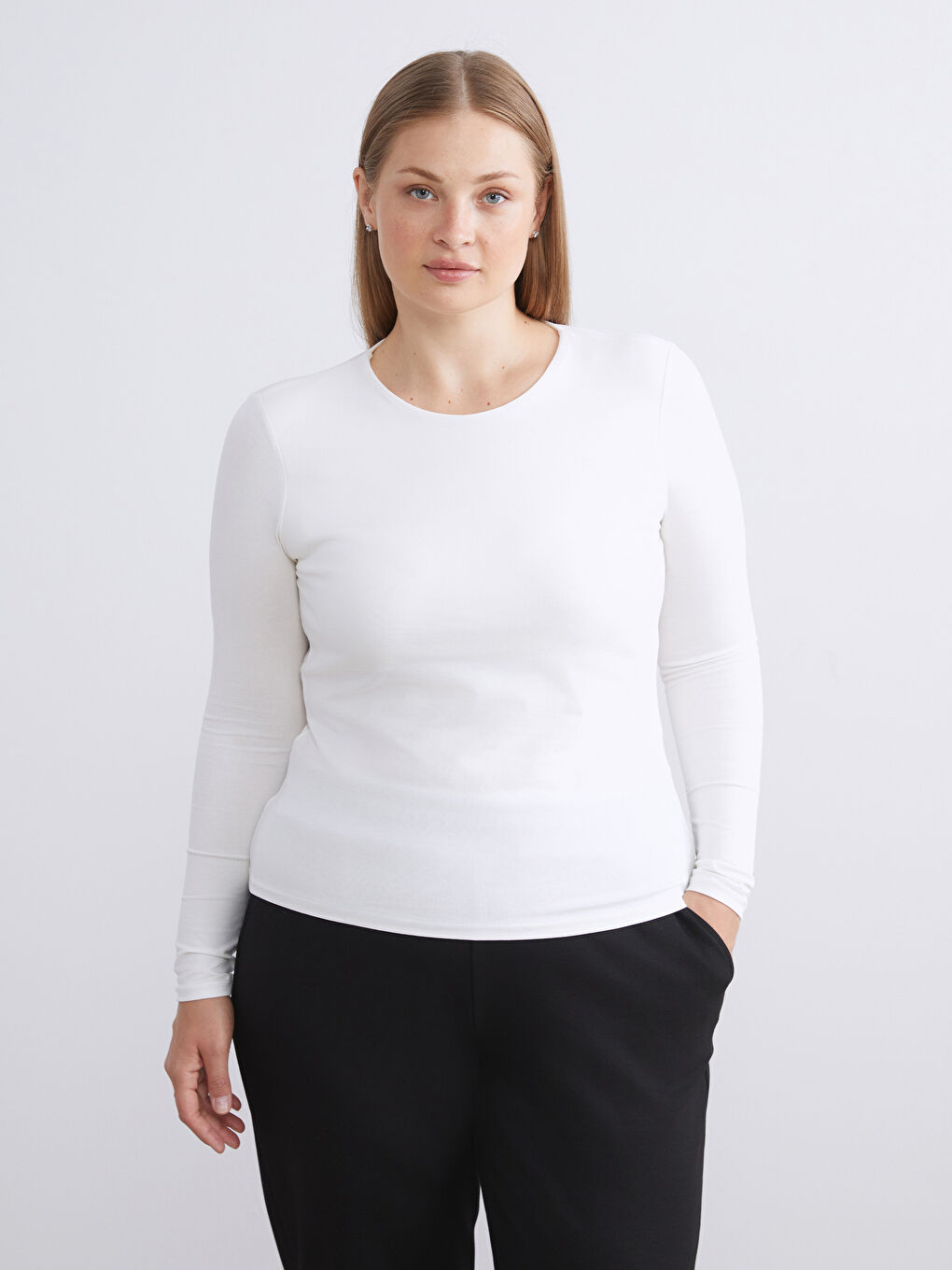 Ekru Büyük Beden Bisiklet Yaka Kadın Body