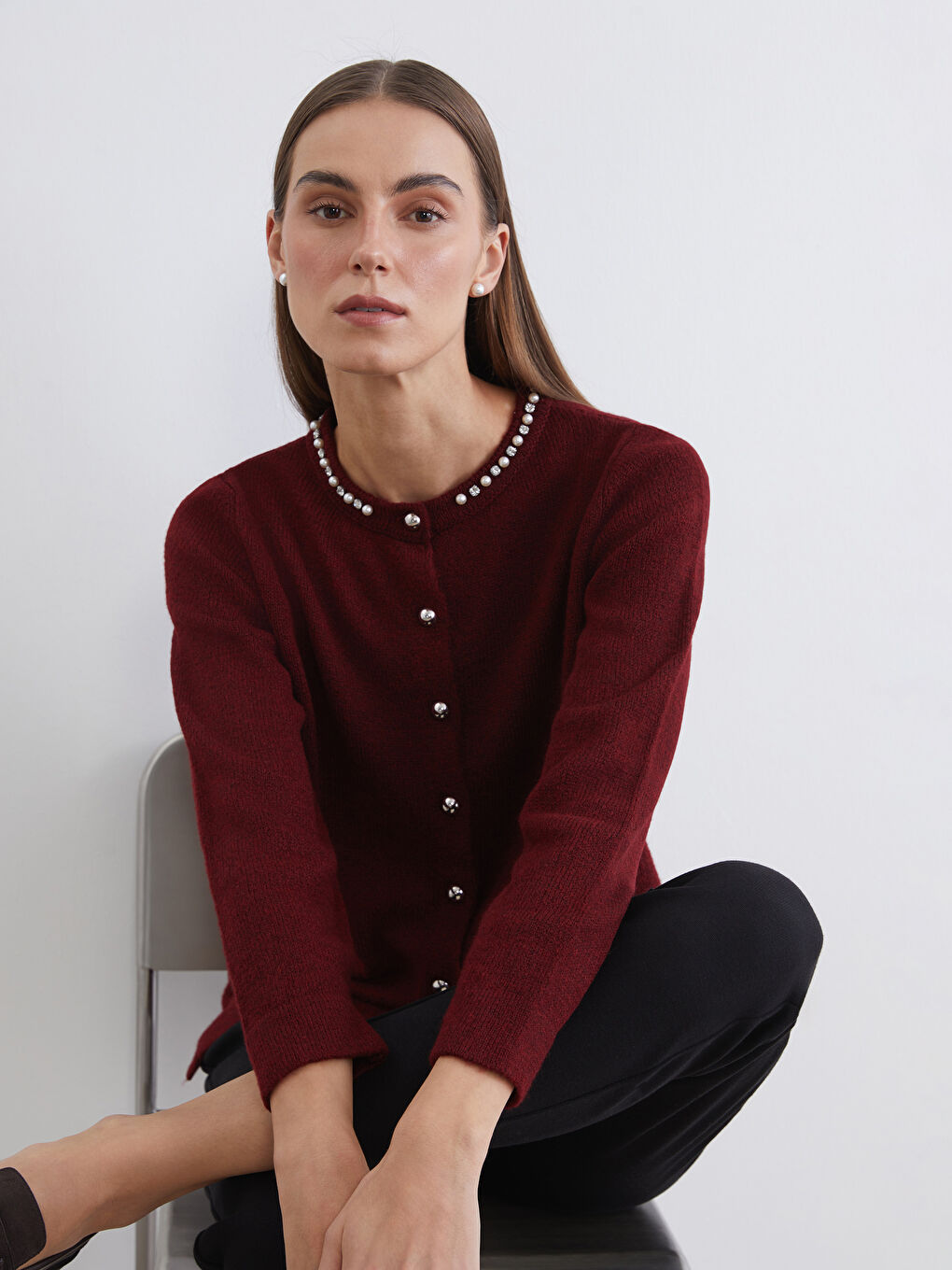 Crew Neck Rhinestone Embellished Women's Knitwear Cardigan