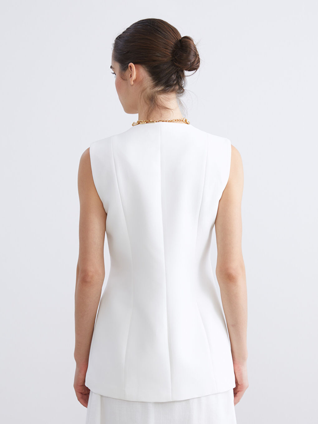 Ekru V Yaka Kadın Klasik Yelek-3