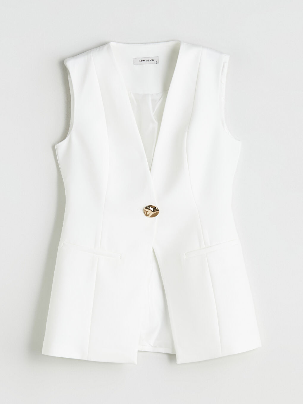 Ekru V Yaka Kadın Klasik Yelek-4