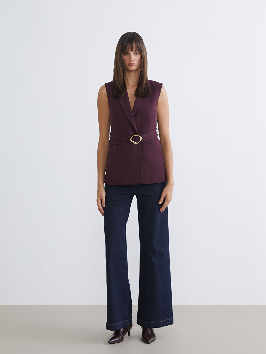 Bordo Ceket Yaka Kadın Klasik Yelek-3