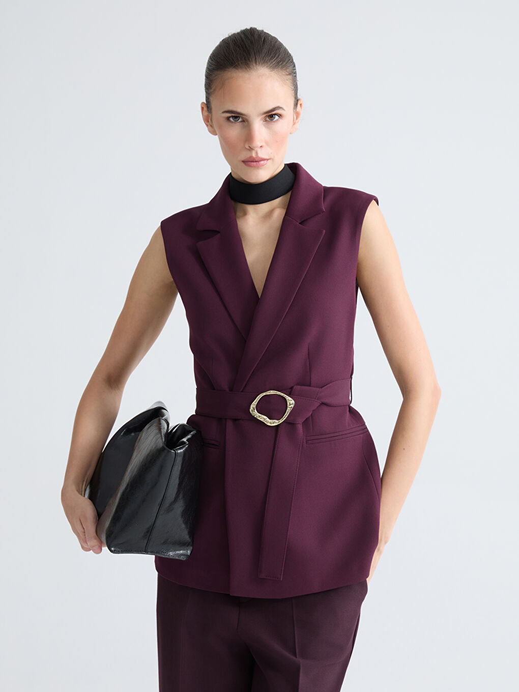 Bordo Ceket Yaka Kadın Klasik Yelek-2