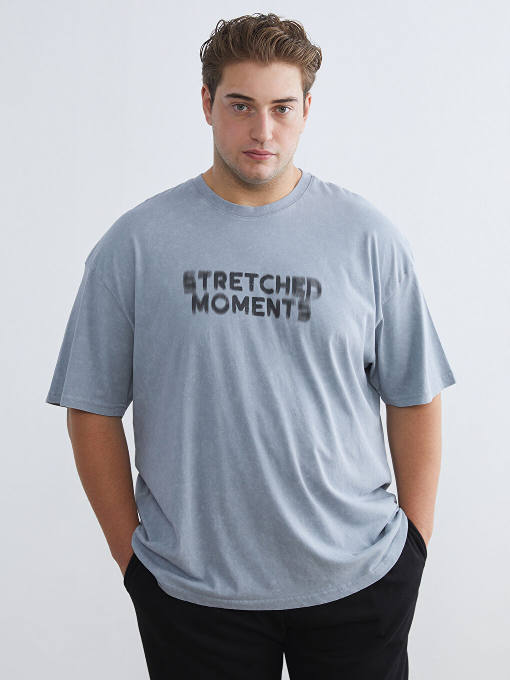 Mavi Büyük Beden Bisiklet Yaka Baskılı Penye Erkek Tişört