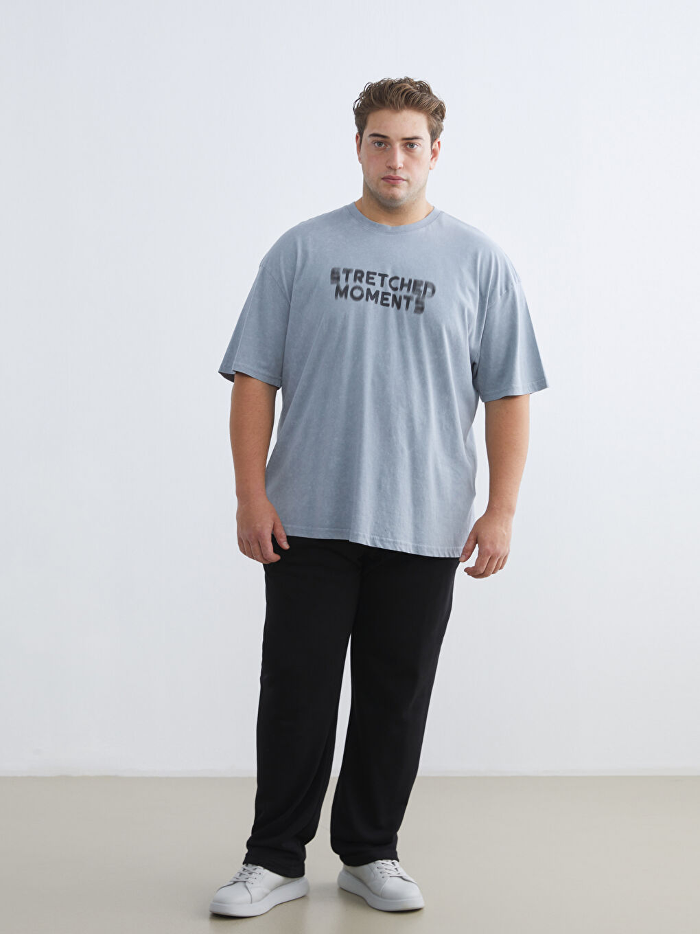 Mavi Büyük Beden Bisiklet Yaka Baskılı Penye Erkek Tişört-1