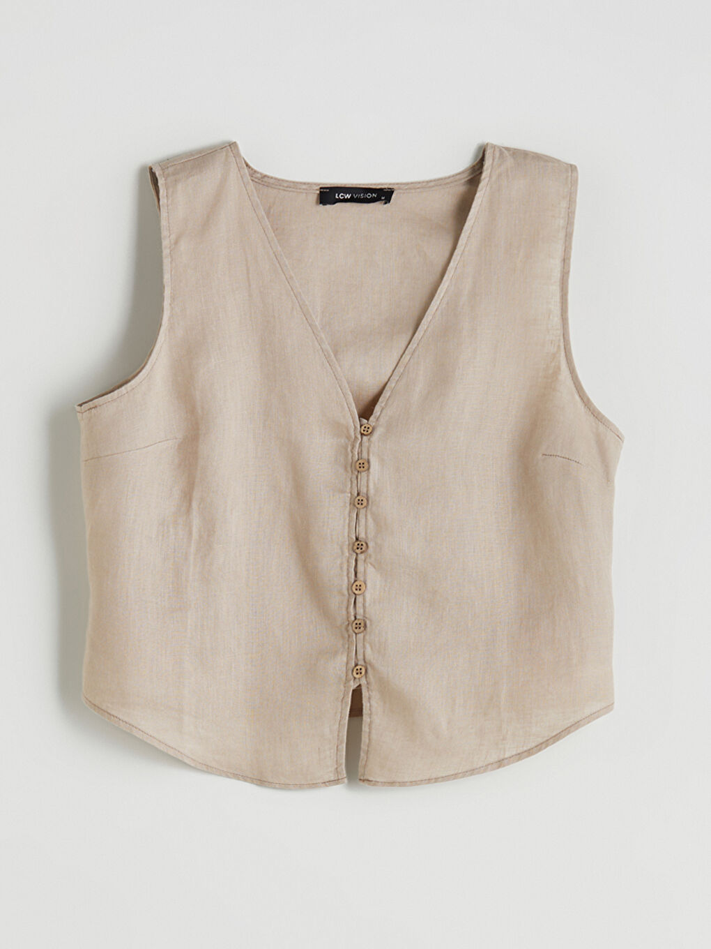 Kahverengi V Yaka Askılı %100 Keten Bluz-4