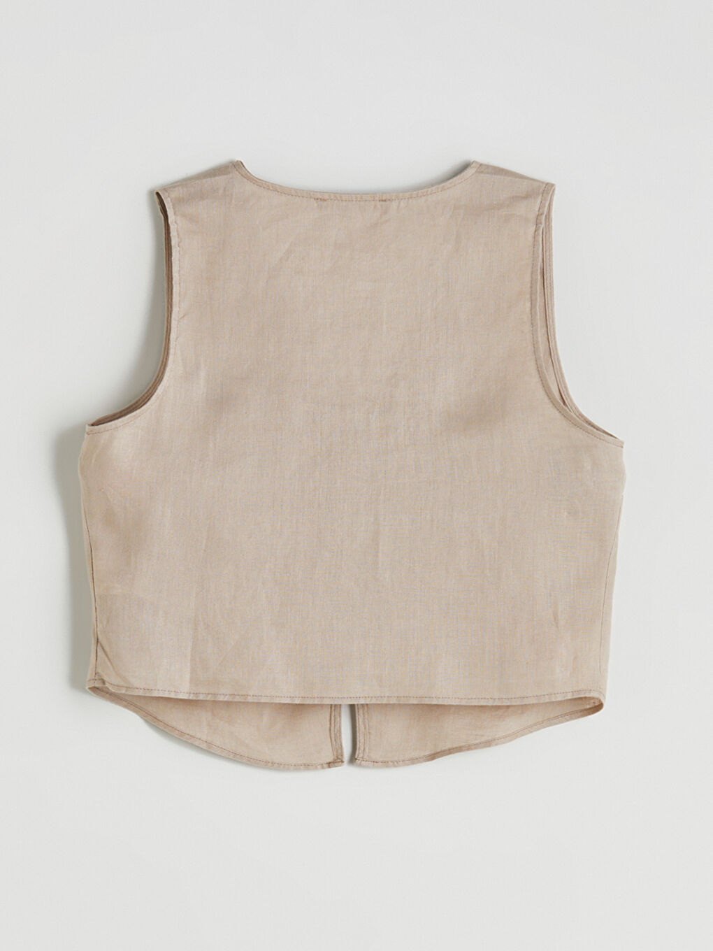 Kahverengi V Yaka Askılı %100 Keten Bluz-5