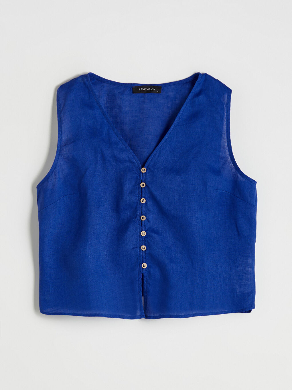 Mavi V Yaka Askılı %100 Keten Bluz-4