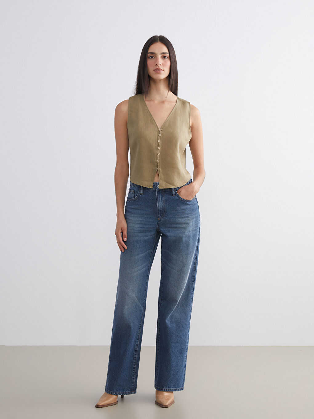 Haki V Yaka %100 Keten Kadın Klasik Yelek-1