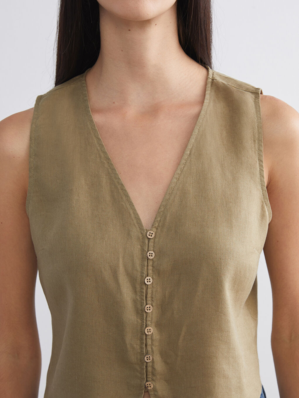 Haki V Yaka %100 Keten Kadın Klasik Yelek-2