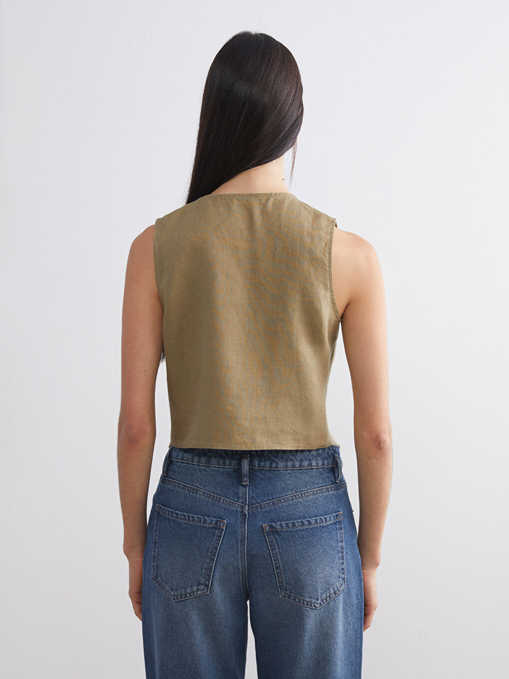 Haki V Yaka %100 Keten Kadın Klasik Yelek-3