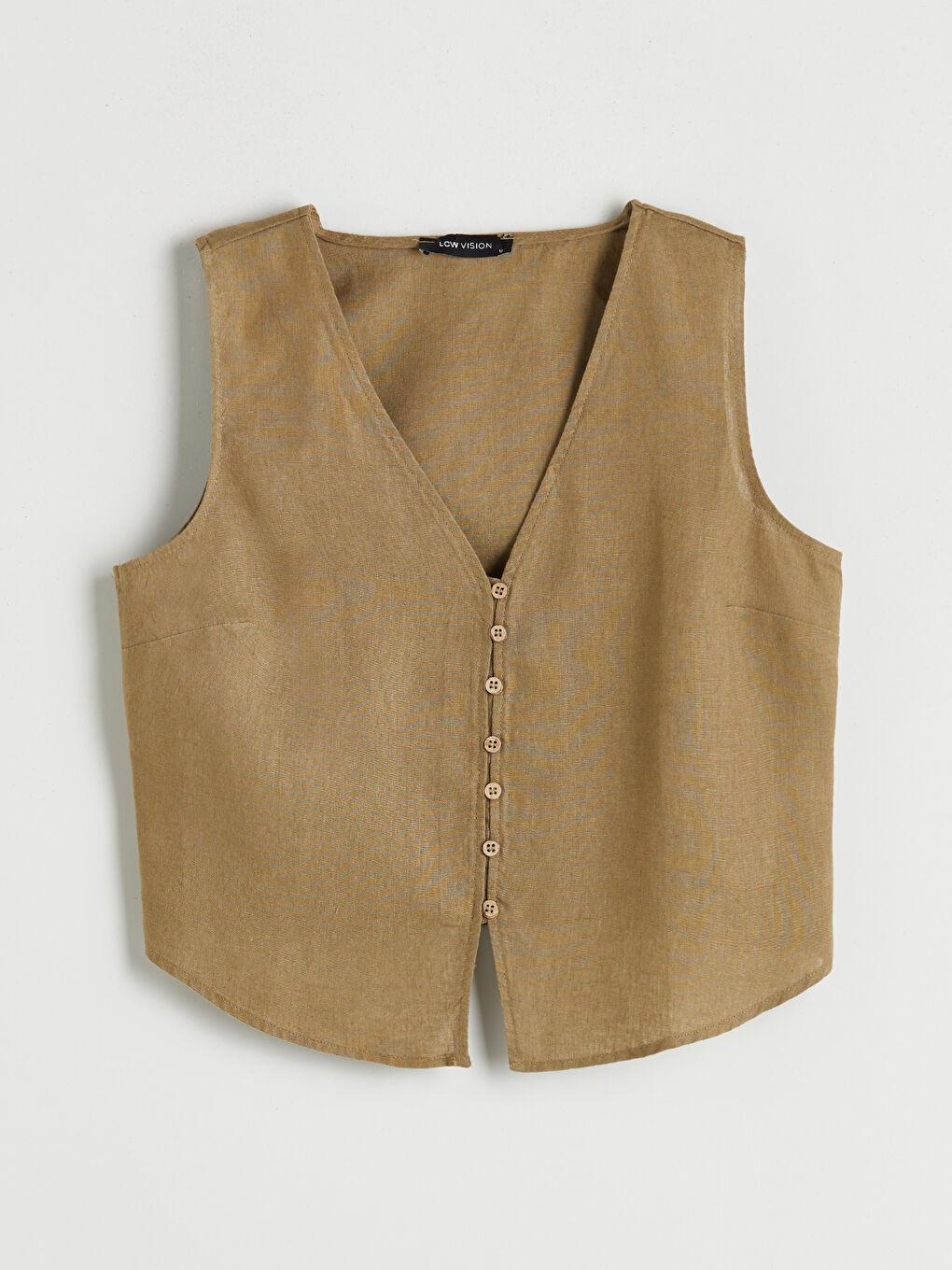 Haki V Yaka %100 Keten Kadın Klasik Yelek-4