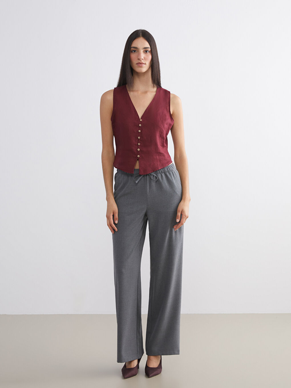 Bordo V Yaka %100 Keten Kadın Klasik Yelek-1