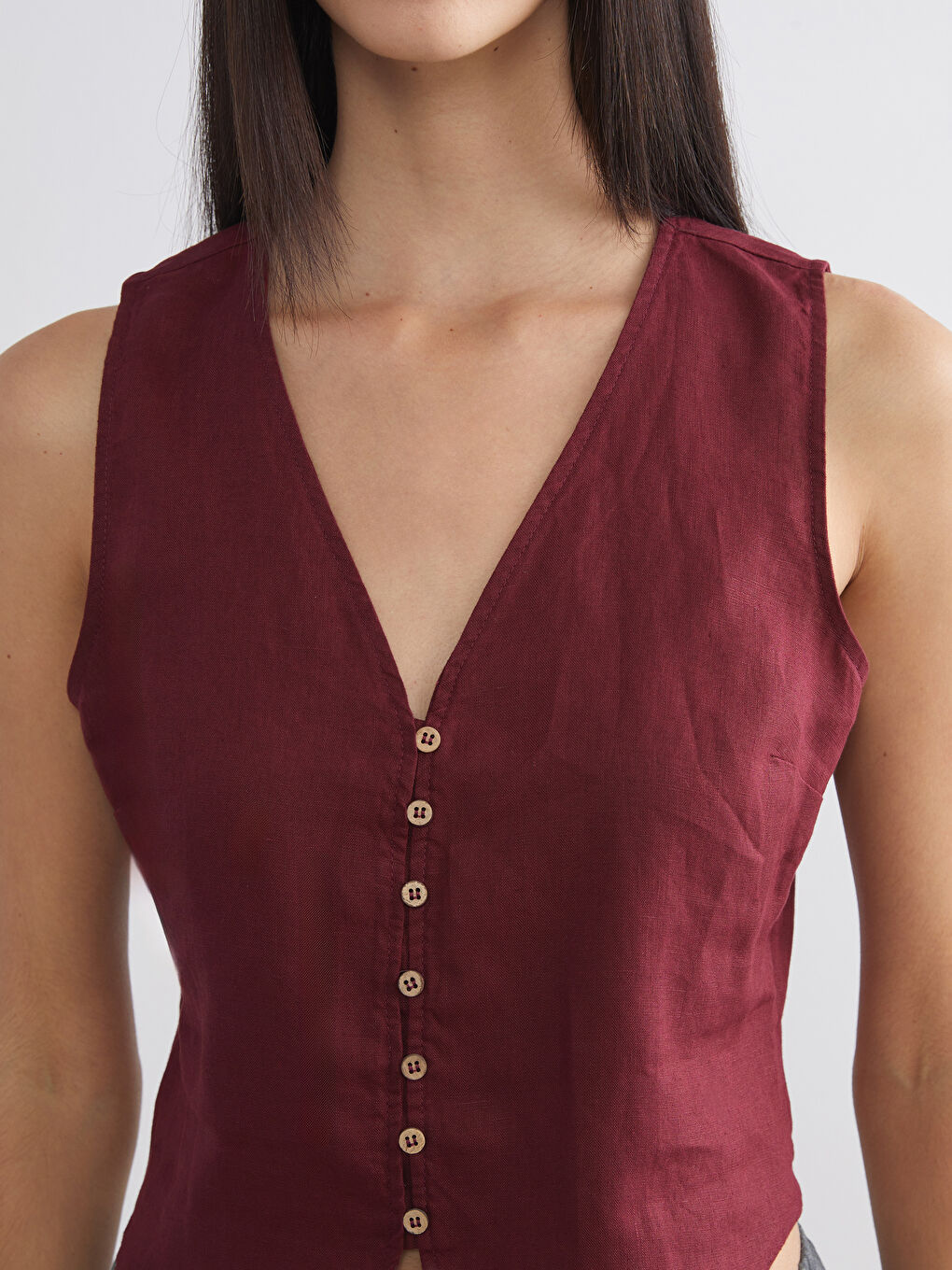 Bordo V Yaka %100 Keten Kadın Klasik Yelek-2
