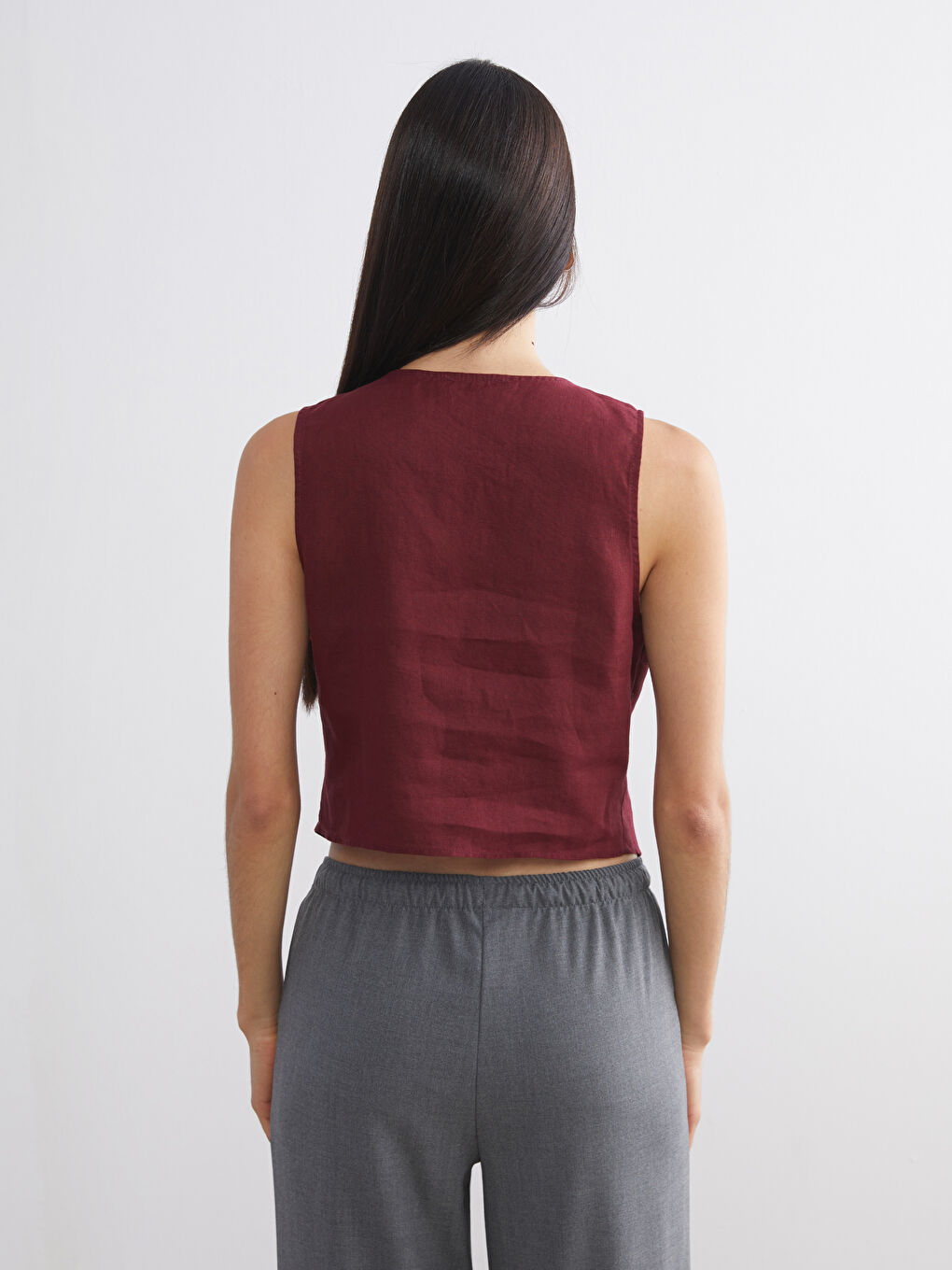 Bordo V Yaka %100 Keten Kadın Klasik Yelek-3