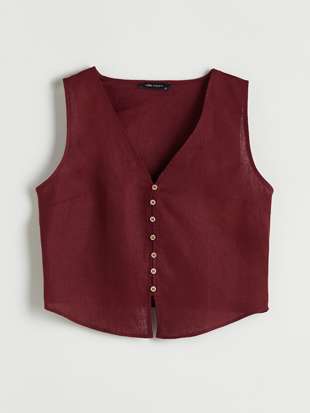 Bordo V Yaka %100 Keten Kadın Klasik Yelek-4