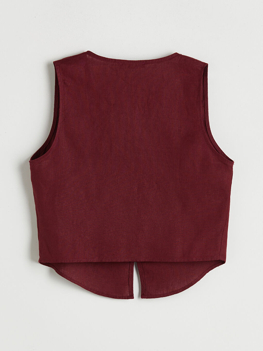Bordo V Yaka %100 Keten Kadın Klasik Yelek-5