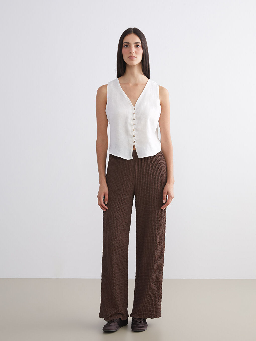 Ekru V Yaka %100 Keten Kadın Klasik Yelek-1