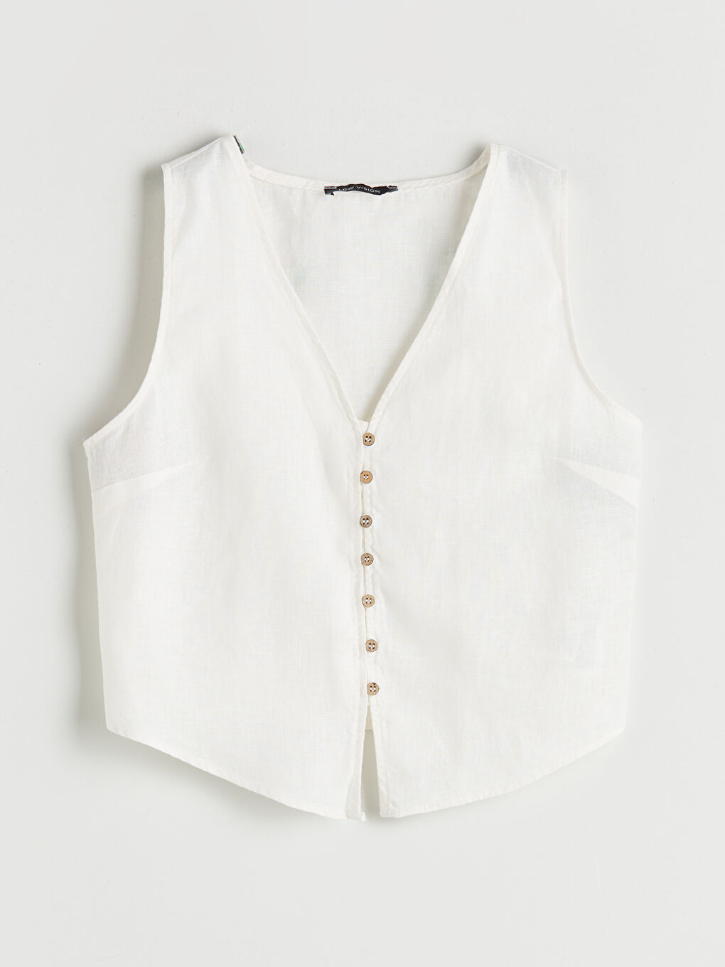 Ekru V Yaka %100 Keten Kadın Klasik Yelek-4