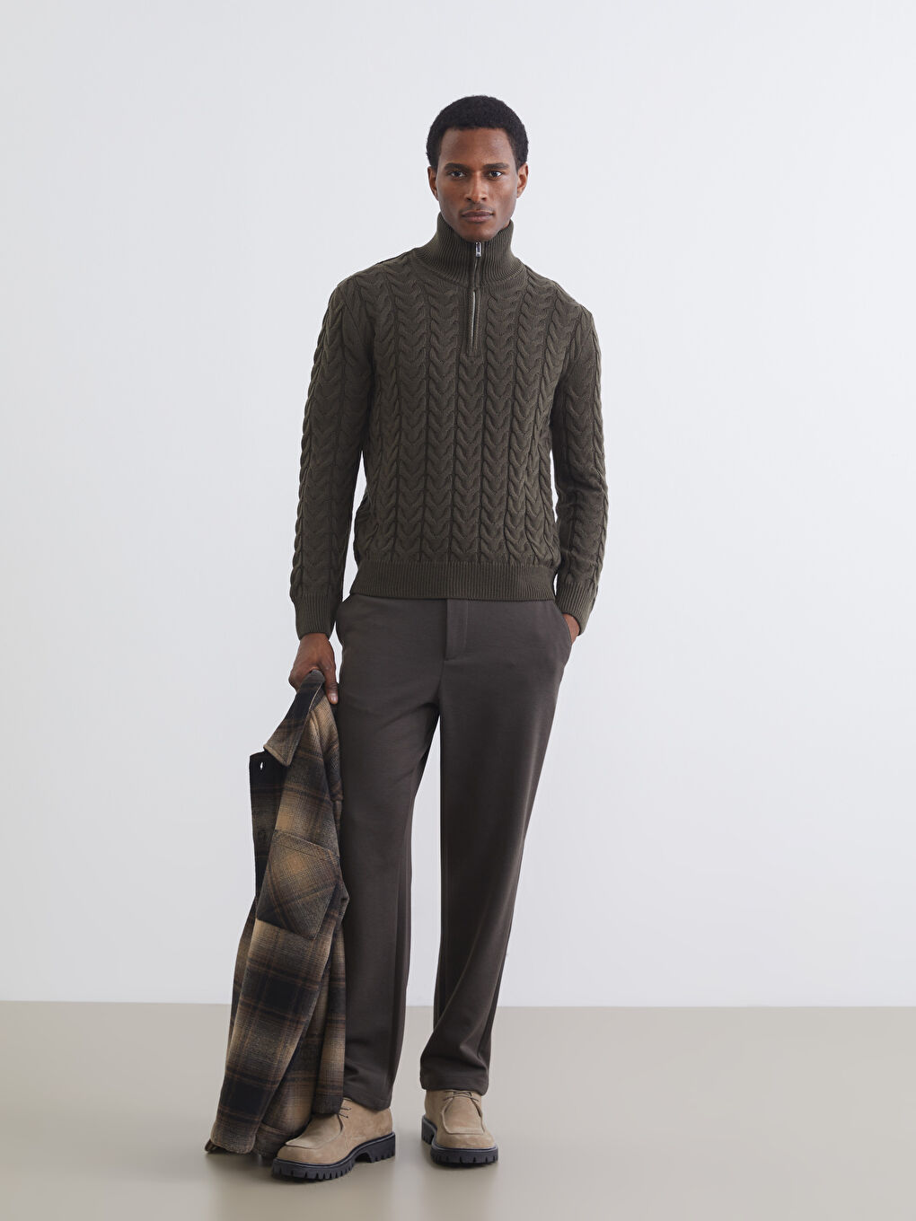 Haki Dik Yaka Erkek Triko Kazak-1