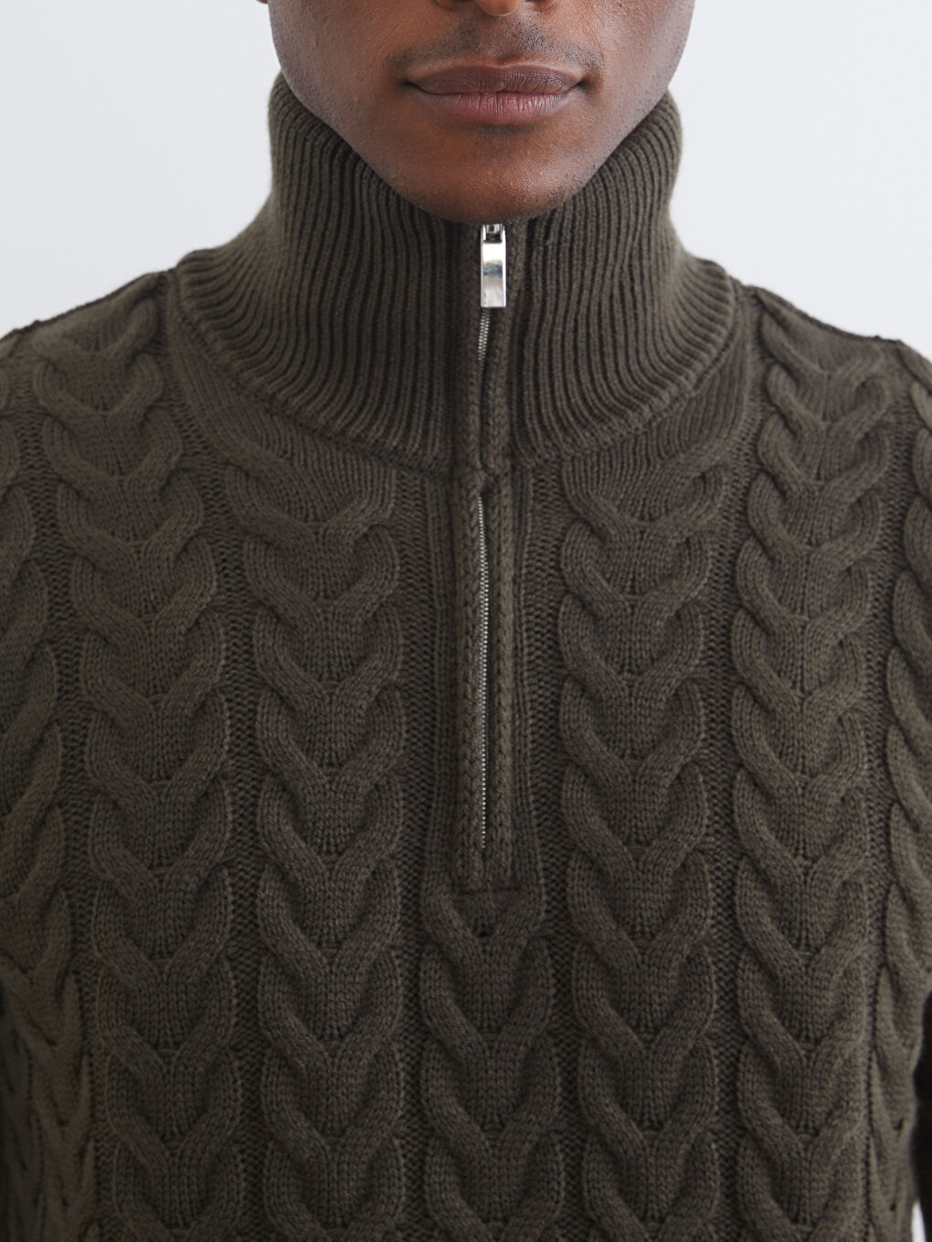 Haki Dik Yaka Erkek Triko Kazak-2