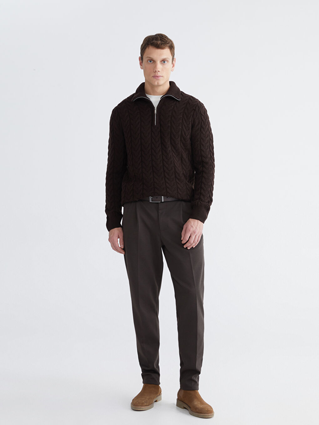 Kahverengi Dik Yaka Erkek Triko Kazak-2