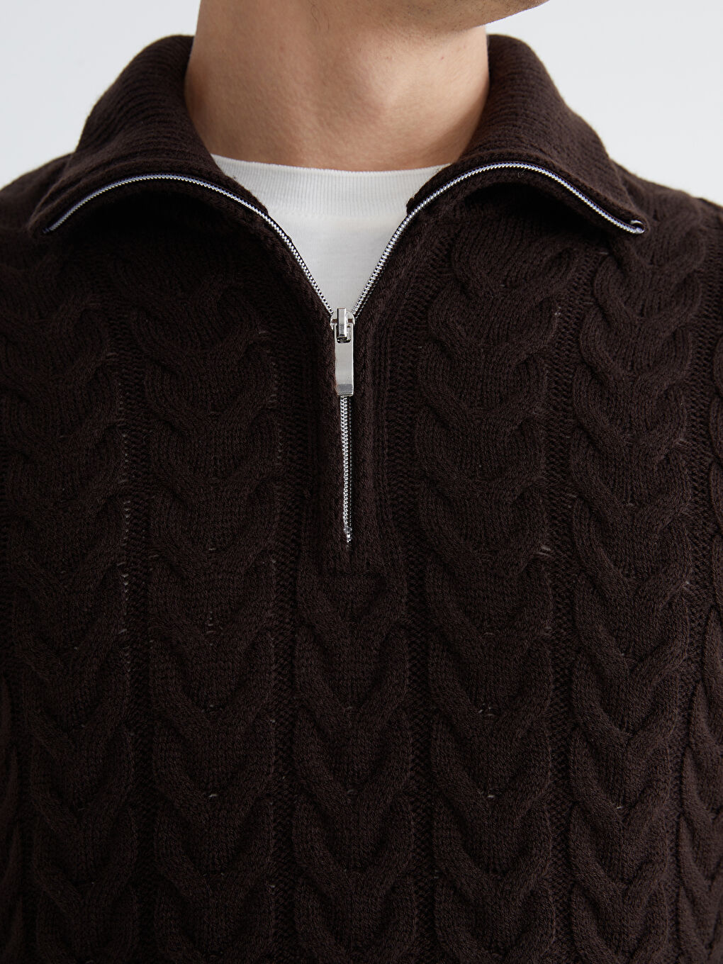 Kahverengi Dik Yaka Erkek Triko Kazak-3