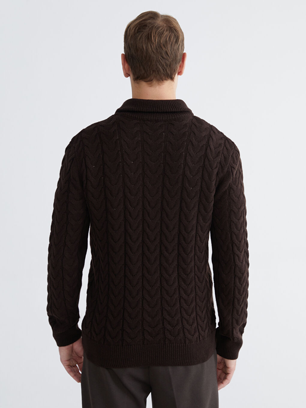 Kahverengi Dik Yaka Erkek Triko Kazak-4