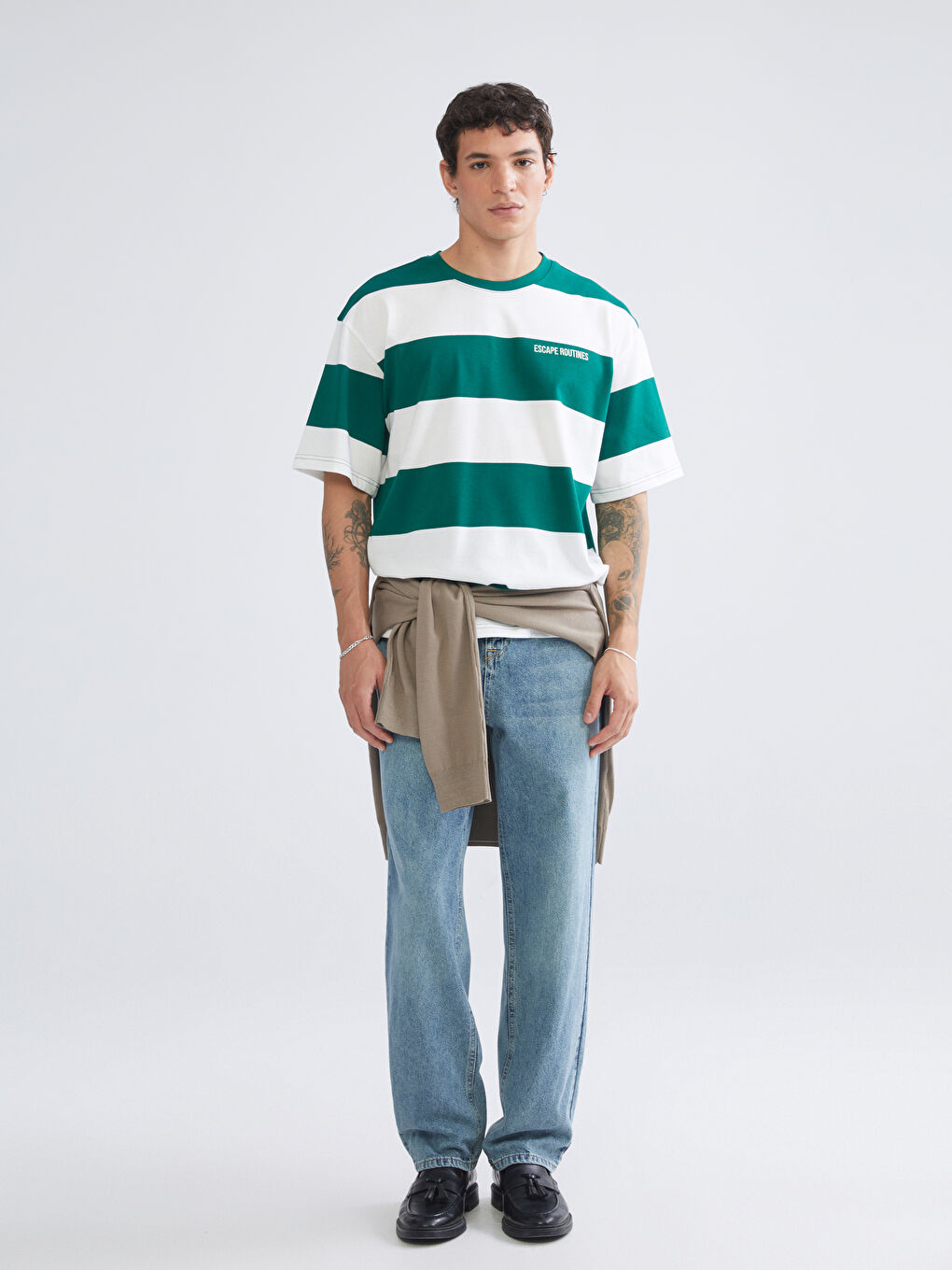 Yeşil Bisiklet Yaka Çizgili Penye Erkek Tişört-1