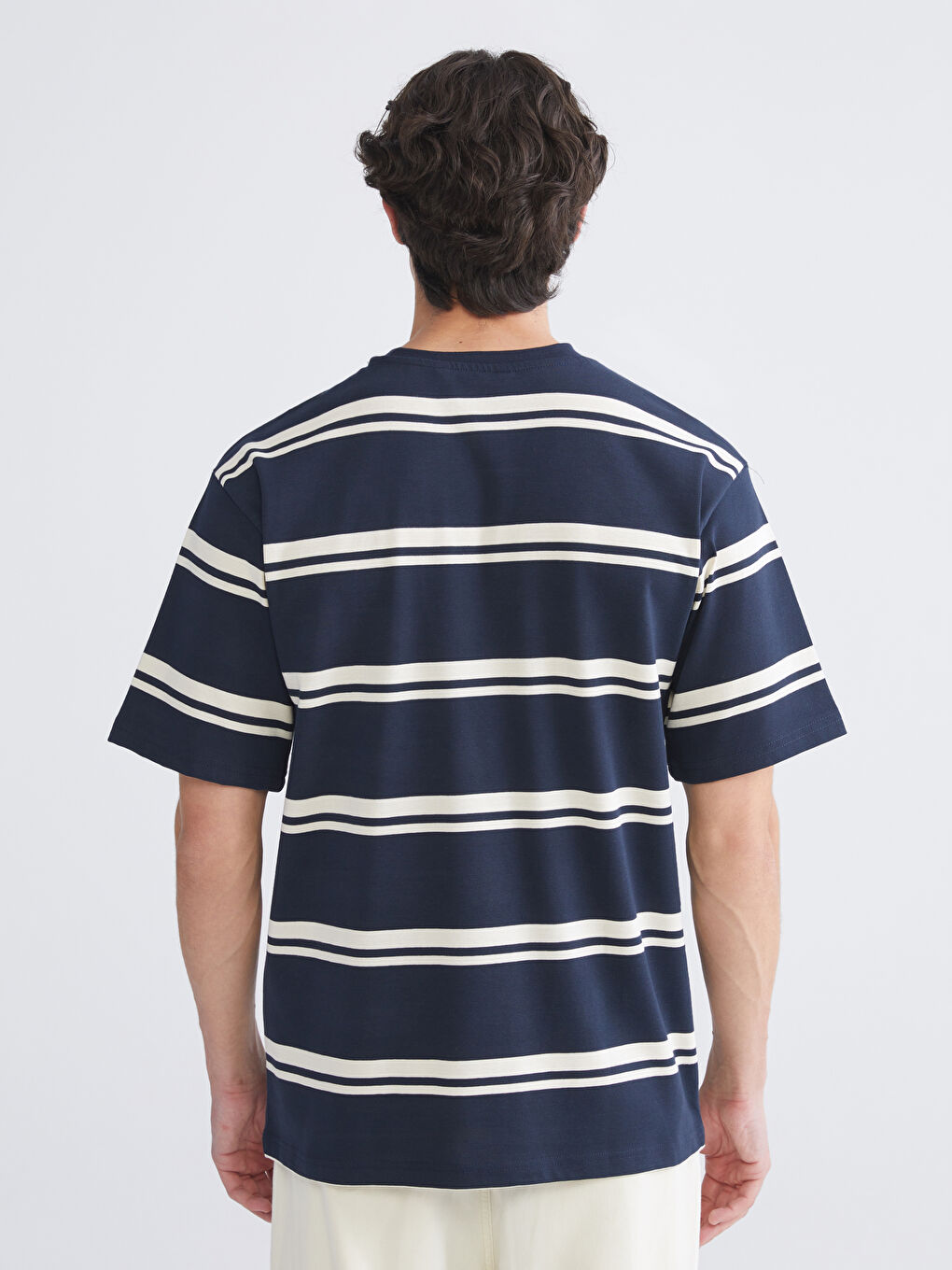 Lacivert Bisiklet Yaka Çizgili Penye Erkek Tişört-3