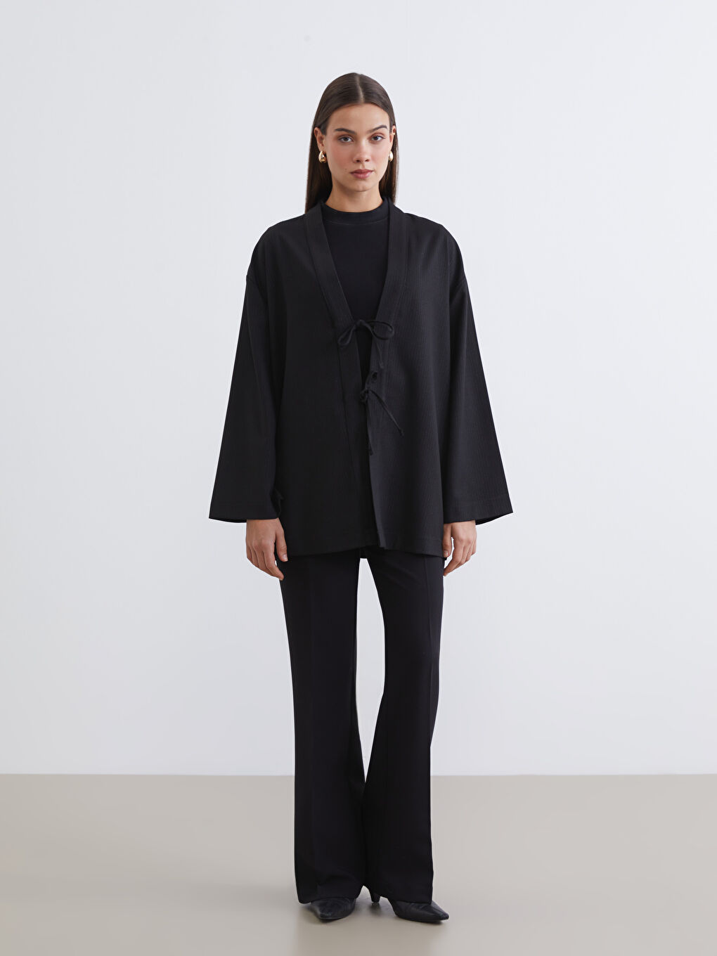 Siyah Şal Yaka Çizgili Oversize Kadın Kimono-1