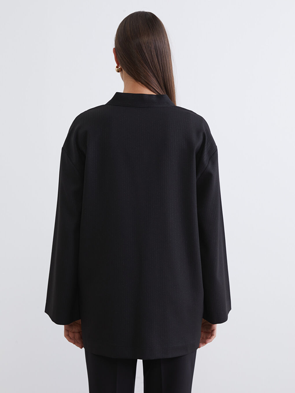 Siyah Şal Yaka Çizgili Oversize Kadın Kimono-3