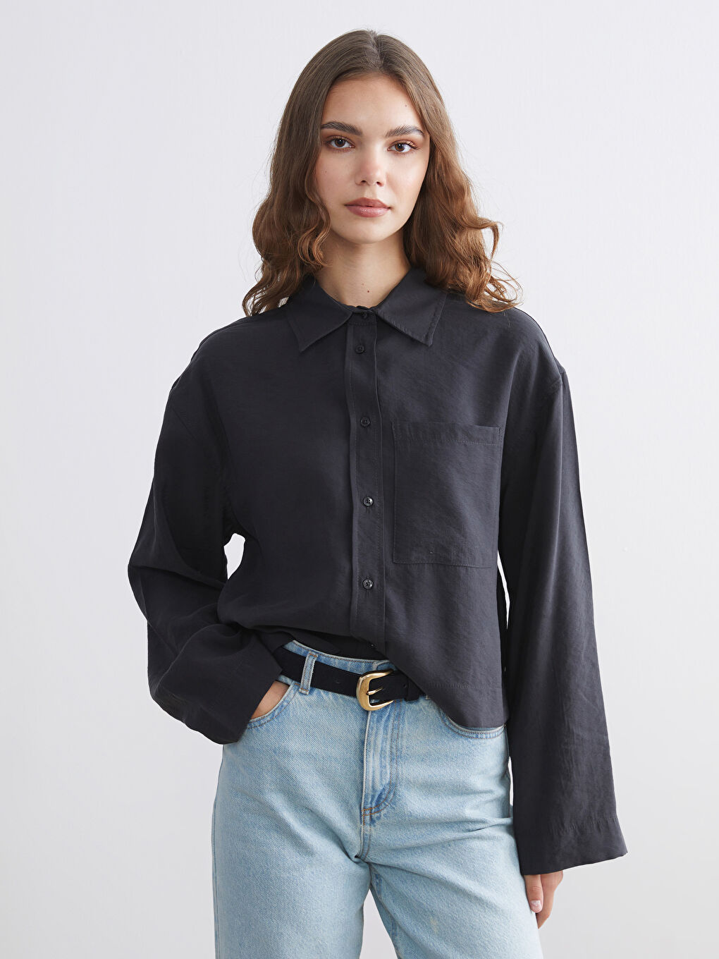 Antrasit Oversize Modal Karışımlı Kadın Gömlek