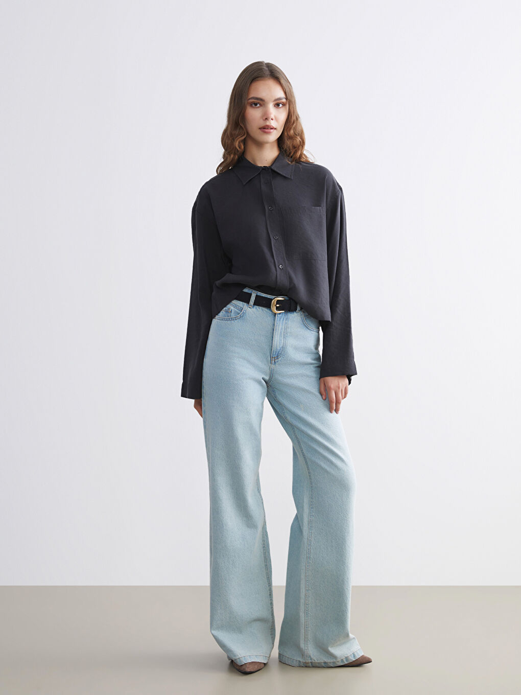 Antrasit Oversize Modal Karışımlı Kadın Gömlek-1