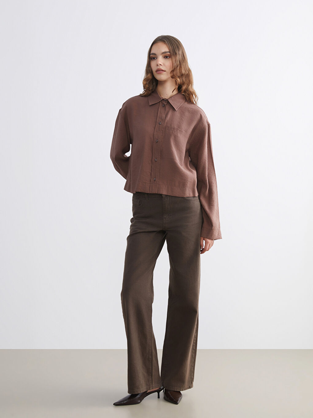 Kahverengi Oversize Modal Karışımlı Kadın Gömlek-1