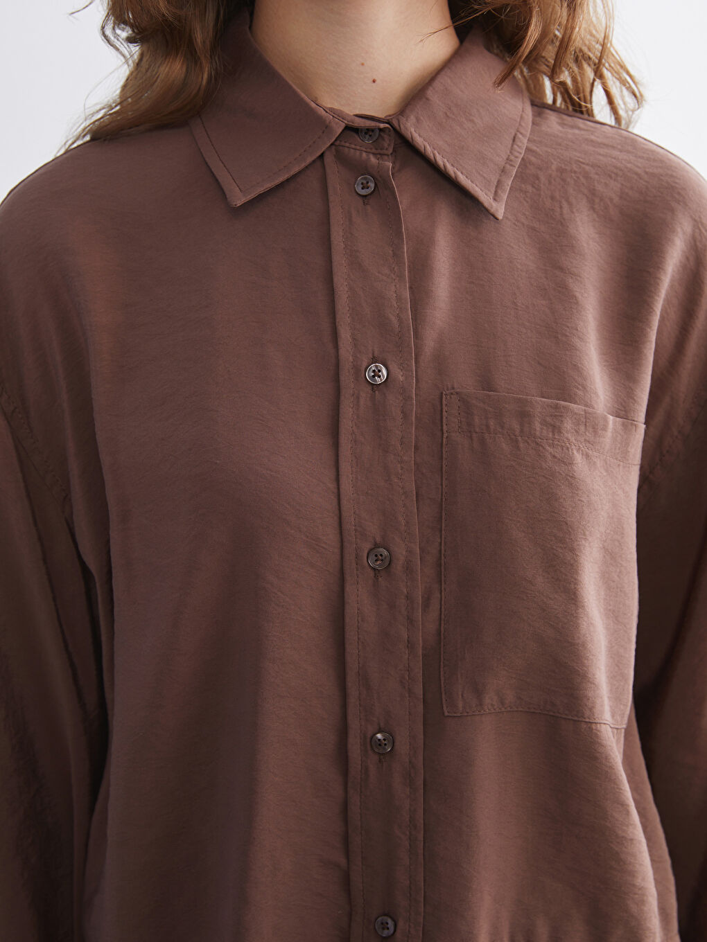 Kahverengi Oversize Modal Karışımlı Kadın Gömlek-2