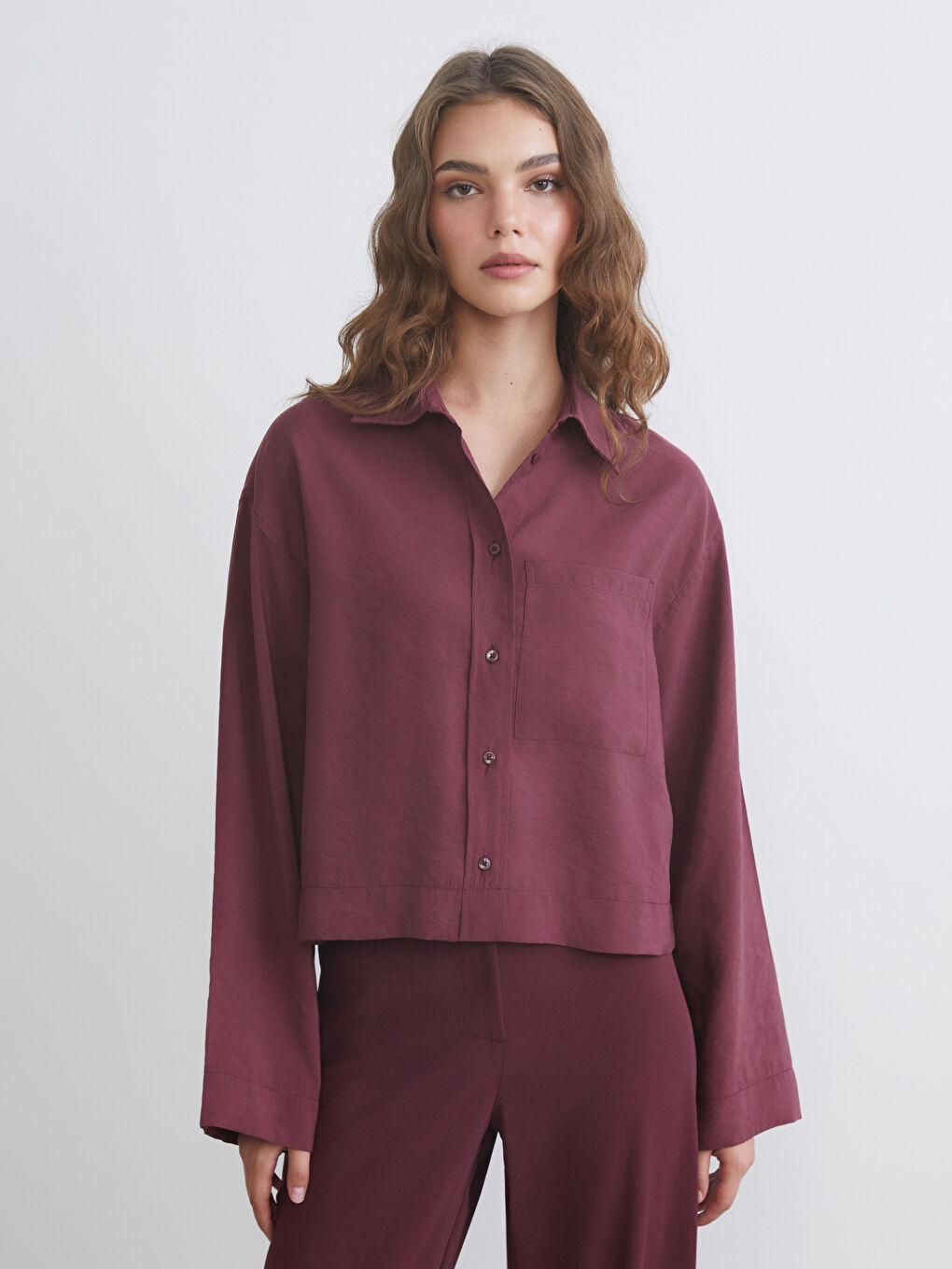 Bordo Oversize Modal Karışımlı Kadın Gömlek