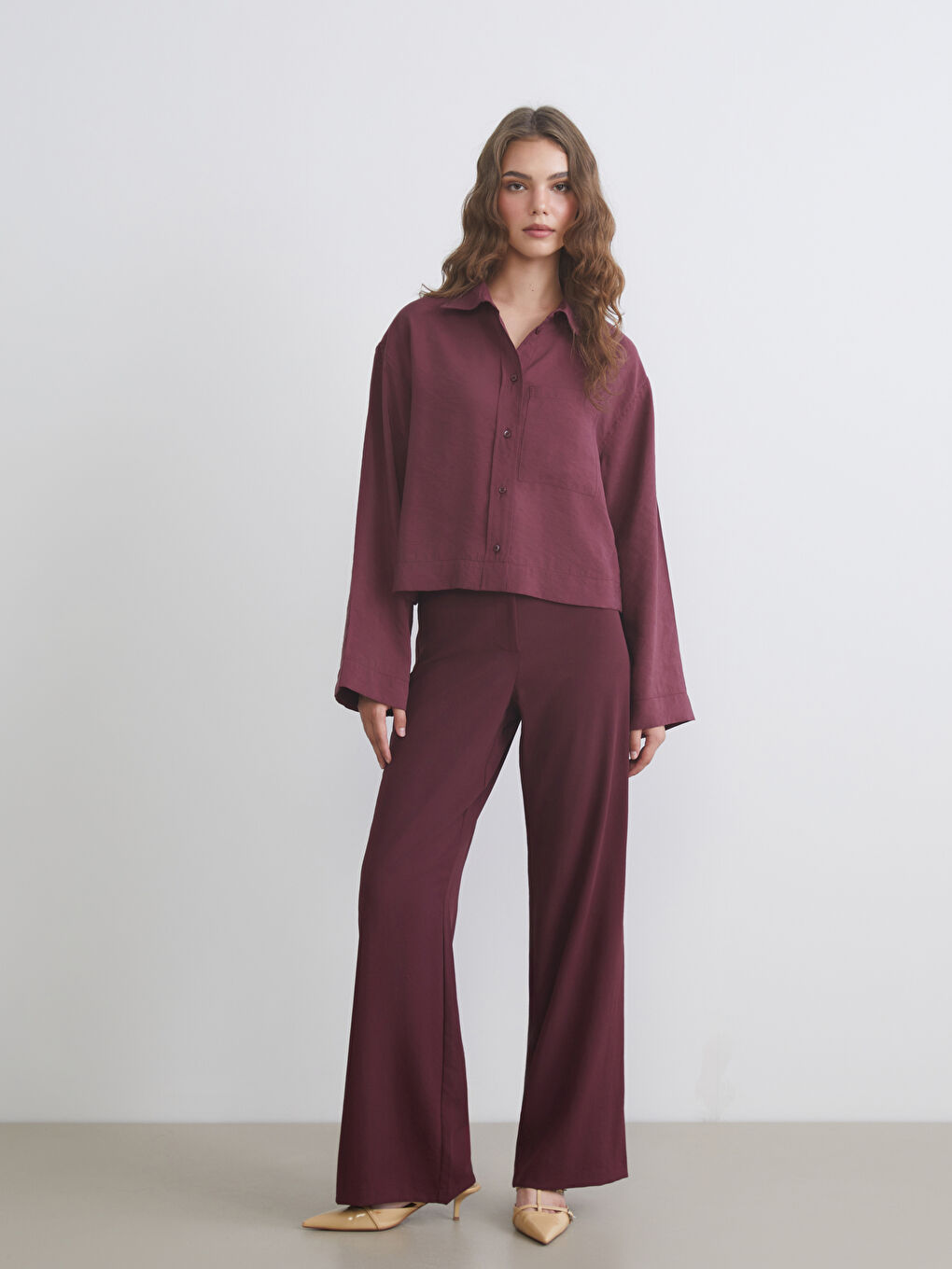 Bordo Oversize Modal Karışımlı Kadın Gömlek-1