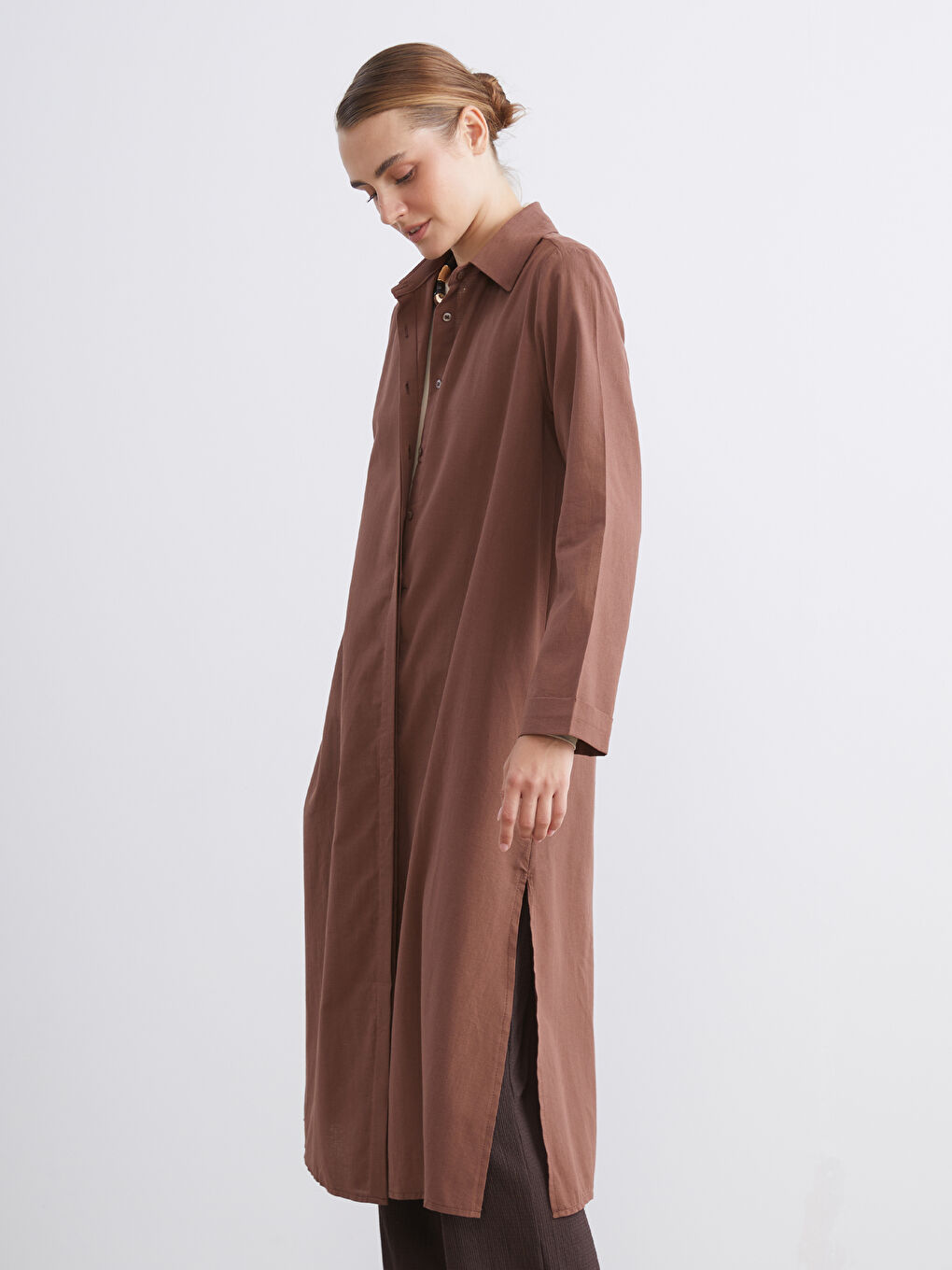 Kahverengi Loose Fit Kadın Gömlek Tunik-1
