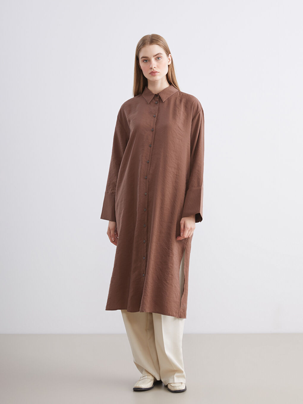 Kahverengi Oversize Modal Karışımlı Kadın Gömlek Tunik