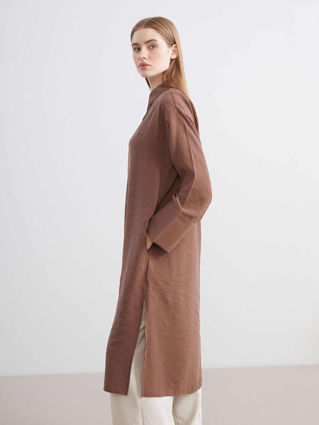 Kahverengi Oversize Modal Karışımlı Kadın Gömlek Tunik-1